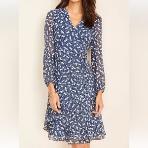 Ann Taylor Blue V-Neck Long Sleeve Dress